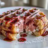 Vibrant pink velvet waffles with cocoa flavor, topped with a creamy cream cheese drizzle and fresh berries.  