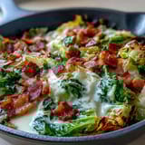 A comforting one-pan meal featuring creamy cabbage and diced ham, garnished with fresh parsley for a vibrant finish.  