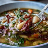 Creamy cannellini bean soup with diced ham, fresh parsley, thyme, and rosemary, served hot with rustic bread on the side.