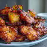 Air-fried Chicken Pineapple Bites featuring tender chicken cubes and caramelized pineapple chunks, ideal for easy entertaining.