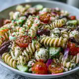Colorful pasta salad tossed with cherry tomatoes, cucumbers, and zesty Italian dressing.  