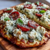 This Viral Cottage Cheese Flatbread bursts with melted pesto, juicy tomatoes, and basil.
