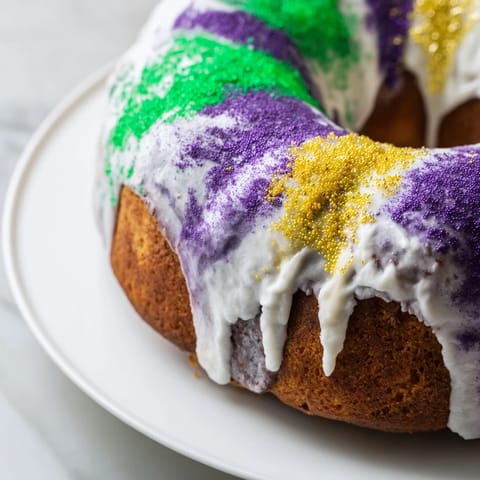 A freshly baked King Cake ring, glistening with icing and vibrantly colored sugars for Mardi Gras fun.