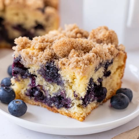 A warm slice of Blueberry Buckle, showing juicy blueberries nestled in a tender cake texture.