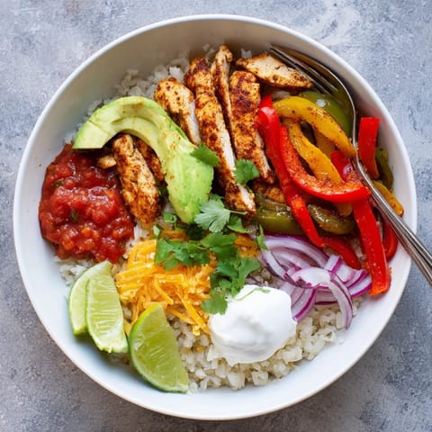 Colorful sautéed peppers and tender chicken top steaming rice in a delicious Chicken Fajita Bowl garnished with lime.