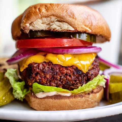 Stacked Hamburgers with grilled beef patties, onion slices, and pickles on a plate, perfect for dinner.