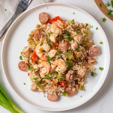 Fork-ready Jambalaya featuring tender shrimp, smoky andouille sausage, and fluffy rice, perfect for a hearty Southern-style dinner.