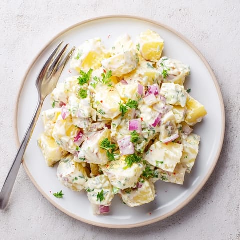 Chilled creamy potato salad served in a white bowl with fresh parsley garnish, ready for a summer barbecue.