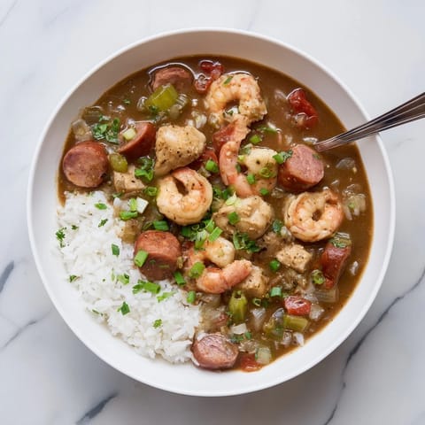 Rich, dark roux-based Cajun Gumbo simmered with the holy trinity, garnished with fresh parsley and scallions.