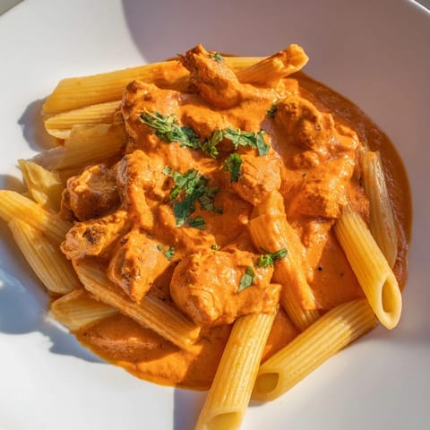 A vibrant bowl of Chicken Tikka Pasta featuring charred tikka chicken pieces tossed in a creamy, spiced tomato sauce with al dente penne.  