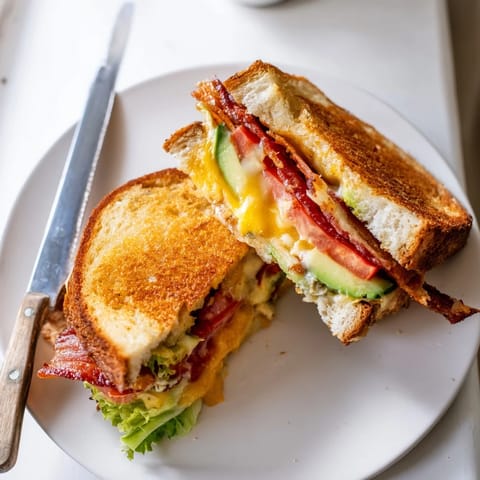 This Avocado BLT Grilled Cheese, with gooey cheese and ripe avocado, sits sliced on a rustic plate for an easy, satisfying lunch.  