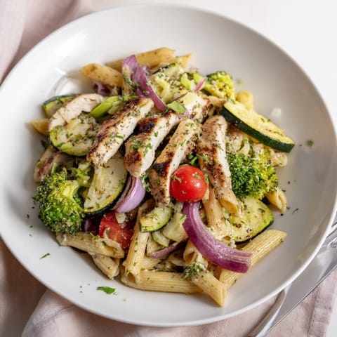 A close-up of Garlic Herb Chicken & Veg Pasta with juicy chicken, vibrant veggies, and fresh parsley garnish.  