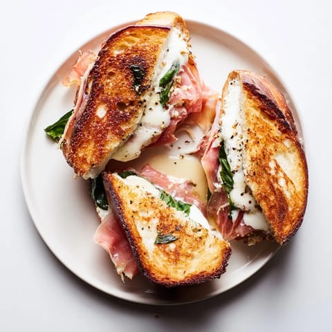 Golden, buttery sourdough slices stuffed with melted burrata and crispy prosciutto, served fresh on a wooden cutting board.
