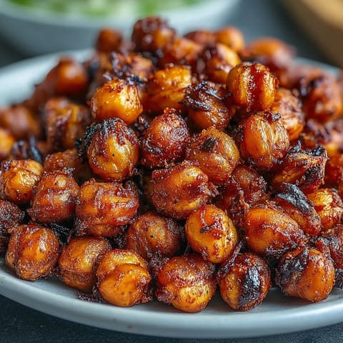 A bowl of warm, spice-dusted crispy chickpea snack next to fresh herbs and a napkin.