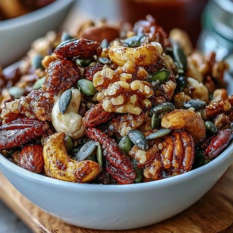 Golden brown spiced nuts and seeds mix, a crunchy, savory snack ready for snacking.