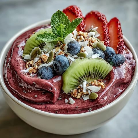 Vibrant Beet and Berry Smoothie Bowl topped with crunchy granola and fresh fruit.