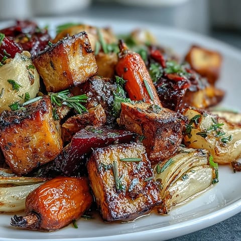 Colorful roasted root vegetable medley, glistening with herbs, ready to serve.