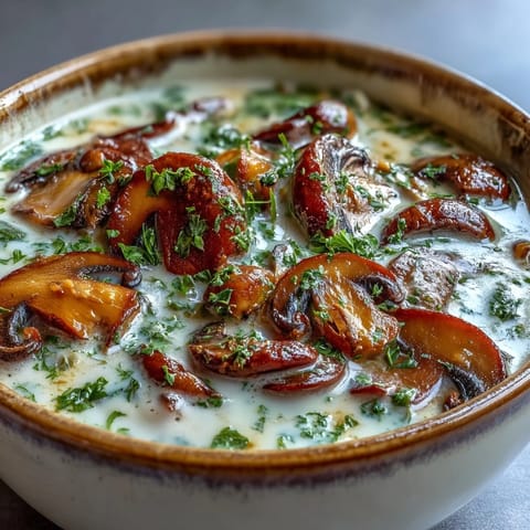 A rich bowl of Creamy Mushroom Stroganoff Soup paired with crusty artisan bread for dipping, showcasing golden mushrooms and a lush, velvety texture.