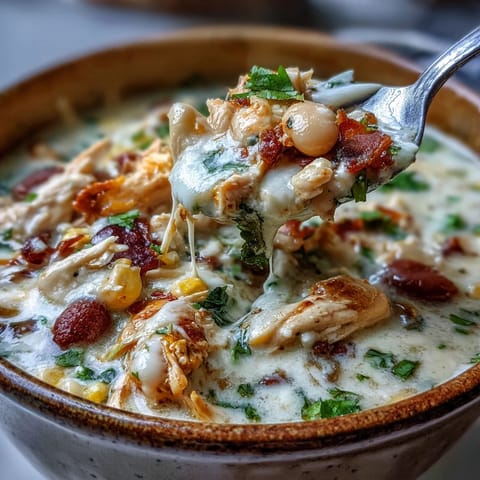 Creamy White Chicken Chili with shredded chicken, white beans, and corn served from a Dutch pot.