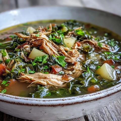 Collard Greens, Chicken and Vegetable Soup simmering in a pot with tender chicken and potatoes.
