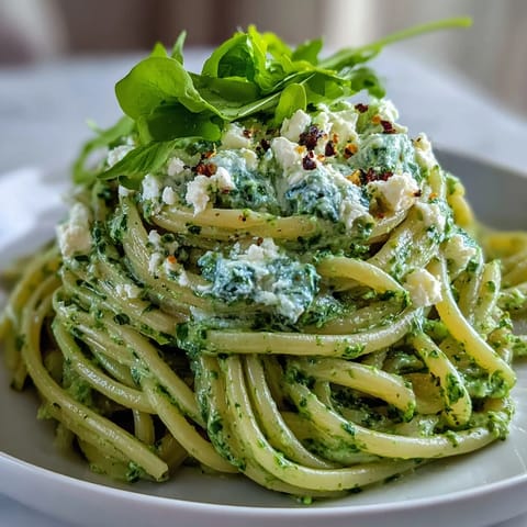 Al dente linguine with vibrant arugula pesto, garnished with fresh arugula leaves and a light dusting of Parmesan cheese.