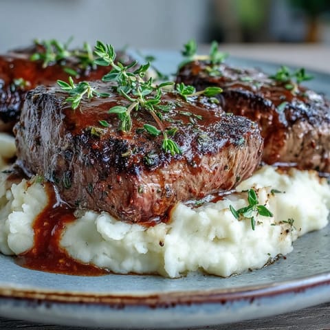 Juicy pan-seared venison steaks with aromatic caraway swede mash, satisfying and savory.