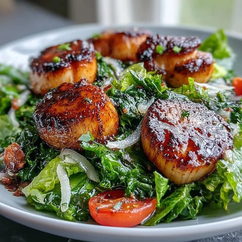 Plump, pan-seared scallops shine on a bed of crisp escarole and cherry tomatoes, finished with a drizzle of pesto vinaigrette.
