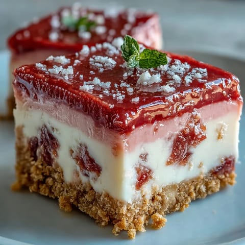 Freshly cut No-Bake Strawberry Fudge Squares displaying a creamy pink layer over a golden graham cracker crust, garnished with strawberry slices.