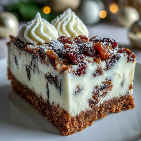 A slice of Christmas Cheesecake Slab reveals cinnamon swirls, dried fruit, and a crunchy digestive biscuit crust.