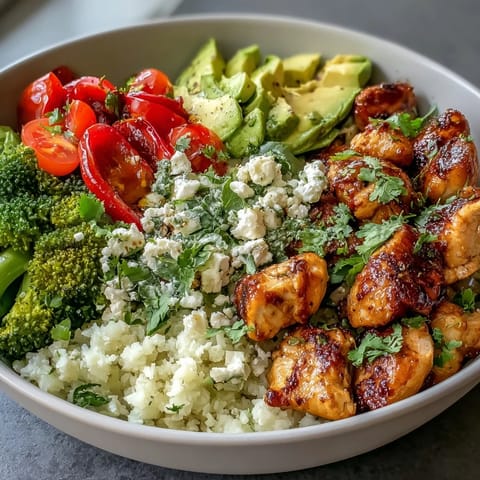 Freshly sautéed cauliflower rice base topped with juicy seasoned chicken, vibrant broccoli, and bright red bell peppers for a hearty Cauliflower Rice Bowl.  