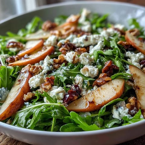 Fresh arugula and sliced pear topped with crumbled cheese and toasted nuts in an Arugula and Pear Bowl.