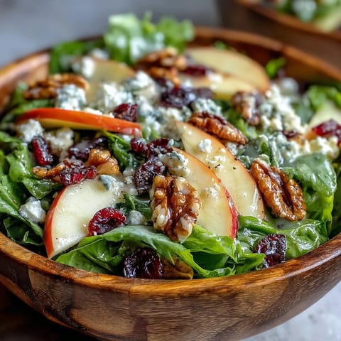 Fresh Mixed Greens and Apple Bowl salad with crisp apple slices, creamy goat cheese, and crunchy walnuts drizzled with tangy cider vinaigrette.