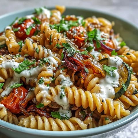 A vibrant bowl of chickpea pasta tossed with caramelized vegetables and fresh parsley garnish.