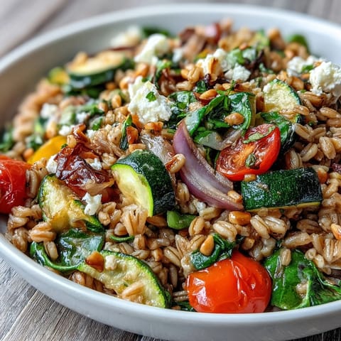 Al dente farro pasta tossed with sautéed zucchini, peppers, spinach, tomatoes, and feta cheese.