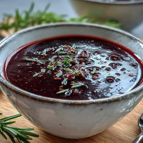 Deep purple Black Currant and Rosemary Reduction simmers in a rustic pan, revealing fresh rosemary sprigs and finely chopped shallots.