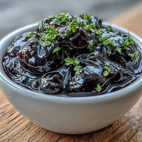 A spoon lifts the deep purple Black Currant Reduction from a small copper saucepan, steam rising gently.