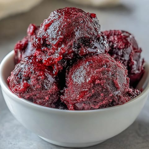 Glossy black currants and a fresh lemon are arranged next to a bowl of homemade sorbet on a rustic wooden table.