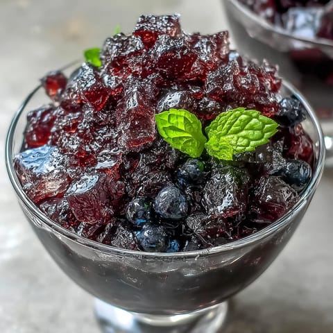 Close-up of Black Currant Granita, revealing the fluffy, ruby-red shaved ice in a rustic bowl.