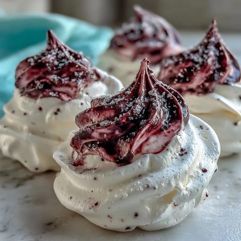 A close-up view highlights a single Black Currant Meringue with a delicate, airy texture and a tangy purple dusting, ready to be enjoyed.