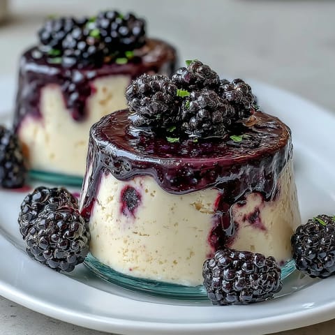 Silky homemade Italian Black Currant Panna Cotta served chilled with a spoon and rustic linen backdrop.