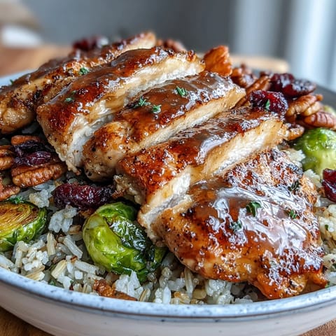 Overhead view of Maple Dijon Chicken Sweet Potato Bowls topped with pecans and cranberries, perfect for a healthy meal.
