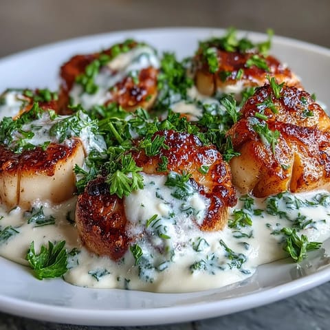 Twelve large sea scallops seared to a golden crust, nestled in a bowl of creamy Cajun sauce.