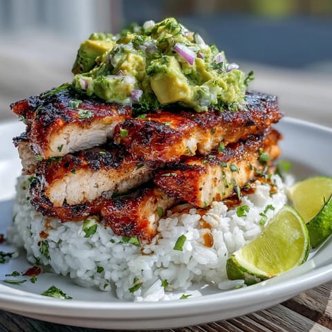 Sliced tangy honey lime chicken layered on jasmine rice with vibrant avocado salsa and fresh cilantro.