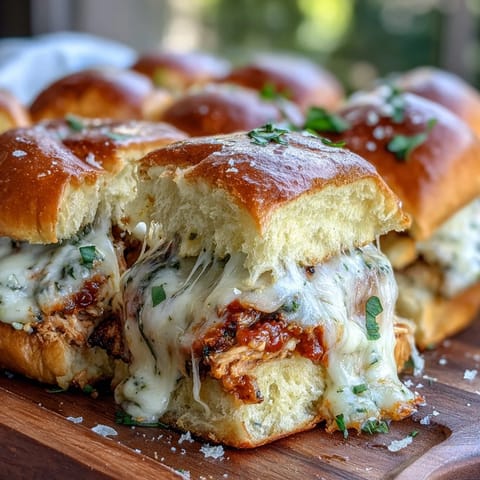 Golden-brown Pesto Chicken Parmesan Sliders on a platter, with melted mozzarella oozing from mini brioche buns and fresh basil garnish.