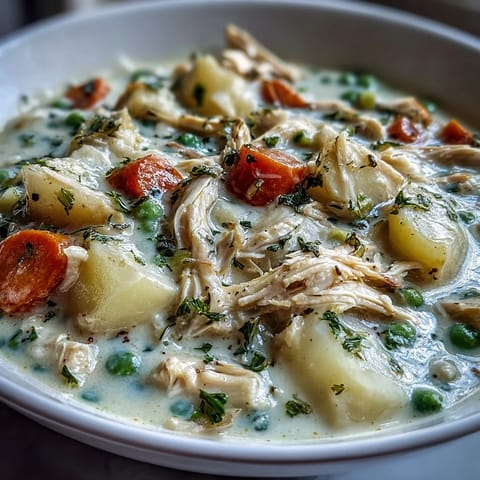 A close-up of Creamy Chicken Pot Pie Soup reveals tender chicken, peas, carrots, and potatoes in a rich broth.