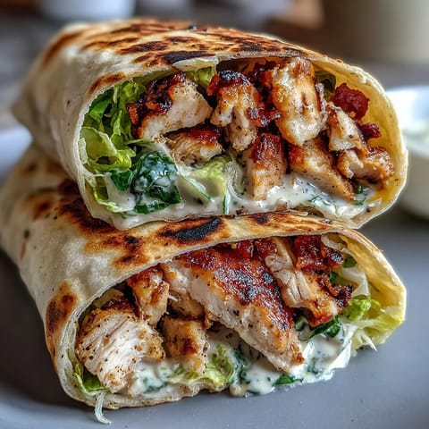 A close-up of Garlic Naan Grilled Chicken Caesar Wraps, showing tender chicken strips and freshly grated Parmesan on a rustic wooden table.