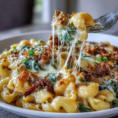 Creamy Tuscan Chili Mac with ground beef, sun-dried tomatoes, and spinach in a rich Parmesan sauce, served steaming in a rustic bowl.