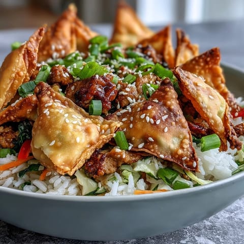 Steam rises from savory ground chicken and crunchy cabbage mixed with fluffy rice in this appetizing Crispy Baked Egg Roll Chicken Bowl.