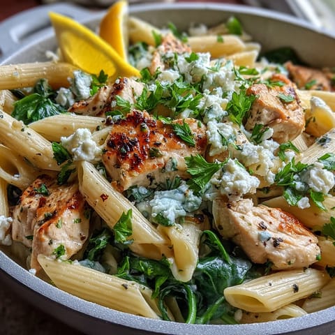 Tender lemon-oregano chicken and crumbled feta tossed with penne pasta for a Mediterranean-inspired dinner.