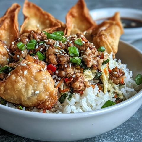 Golden-brown baked wonton strips crown a bowl of savory ground chicken, cabbage, and carrots tossed in a ginger-soy sauce over fluffy white rice.